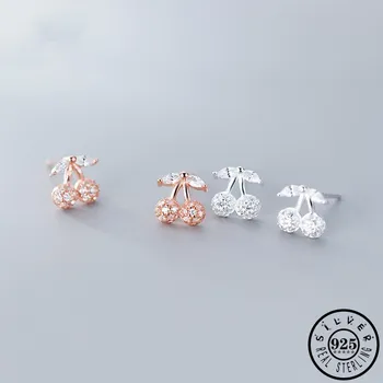 

925 Sterling Silver Small Sweet Cherry Shape Rose Gold Color Plated Ear Studs Cubic Zircon Earrings Jewelry for Women