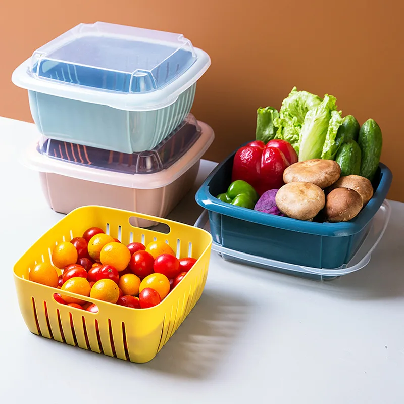 

Plastic Vegetable Drain Organizer Container Fruit Drainer Basket Storage Box Refrigerator Kitchen Storage Box Multifunctional