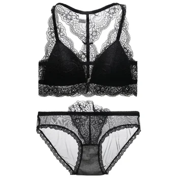 

R Solid Color Bra & Brief Set Ladies Sexy Wire Free Bra Set Thin Lace Triangle Cup Bra + Low Waist Briefs Two Piece Sets new