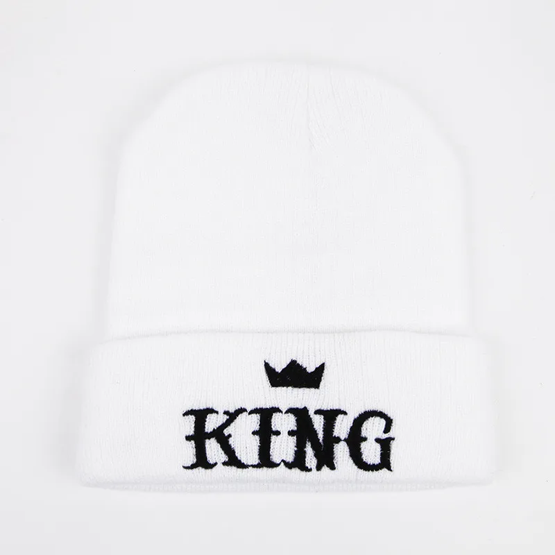 Пара вязаная шапка Король Королева Корона шляпа шерстяная теплая шляпа-Кепка с черепом зимняя уличная шляпа пара - Цвет: White-KING