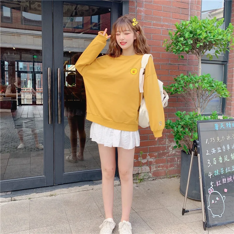 HAYBLST бренд женские толстовки осень зима Kpop Мода мультфильм Kawaii Вышивка Топ свободный размер XL длинный рукав одежда тонкая