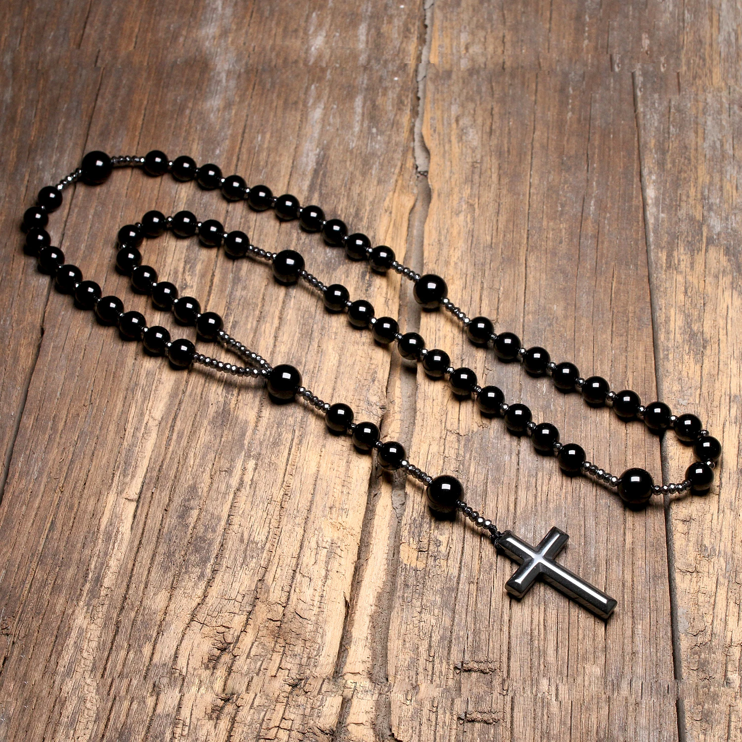 Natural Black Onyx Beads Catholic Christ Rosary Necklaces Hematite 
