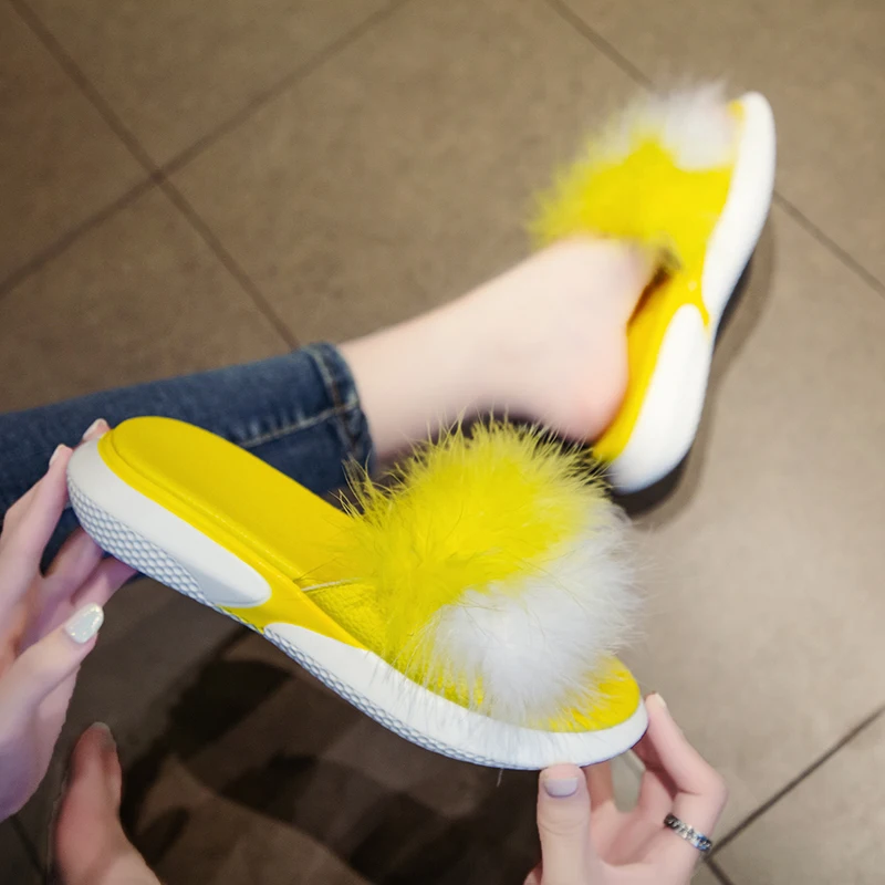

Summer Women Fur Slippers Real Fur Slides Slip On Female Furry Outdoor Flip Flops Casual Beach Sandals Fluffy Plush Shoes