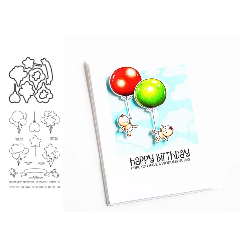 

JC Metal Cutting Dies and Clear Stamps Happy Birthday Balloon for Scrapbooking Craft Stencil Card Make Album Sheet Mould Die Cut