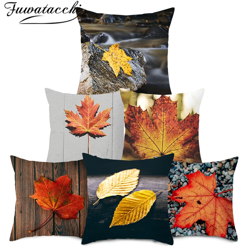 

Fuwatacchi Maple Leaf Cushion Cover Autumn Plant Fallen Leaves Pillows Cover for Home Decorative Polyester Throw Pillowcases New