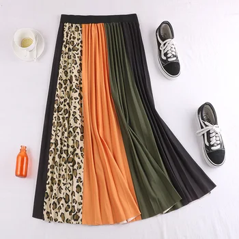 

Autumn winter Vintage Panelled leopard Pleated Skirt Women Korean Striped High Waisted Skirts Patchwork Print Party Skirt Mw909