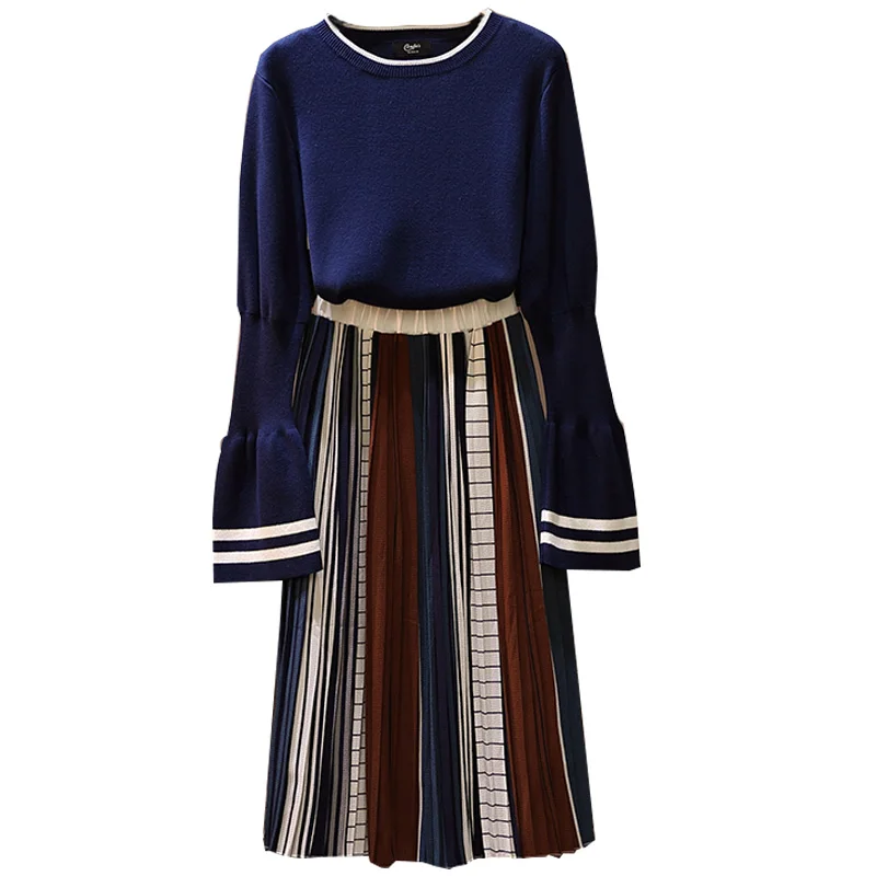 

2019 Fall Big Yards Dress Sister Knitted Sweater Striped Skirts Two-Piece Outfit Clothing Set Pullover Top Outfit Leisure
