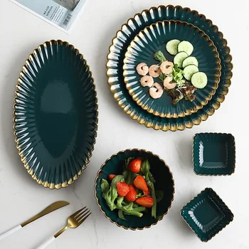 

Nordic Phnom Penh Chrysanthemum Plate Bowl Creative Retro Dark Green Ceramic Tableware Home Steak Plate Soup, Salad Bowl
