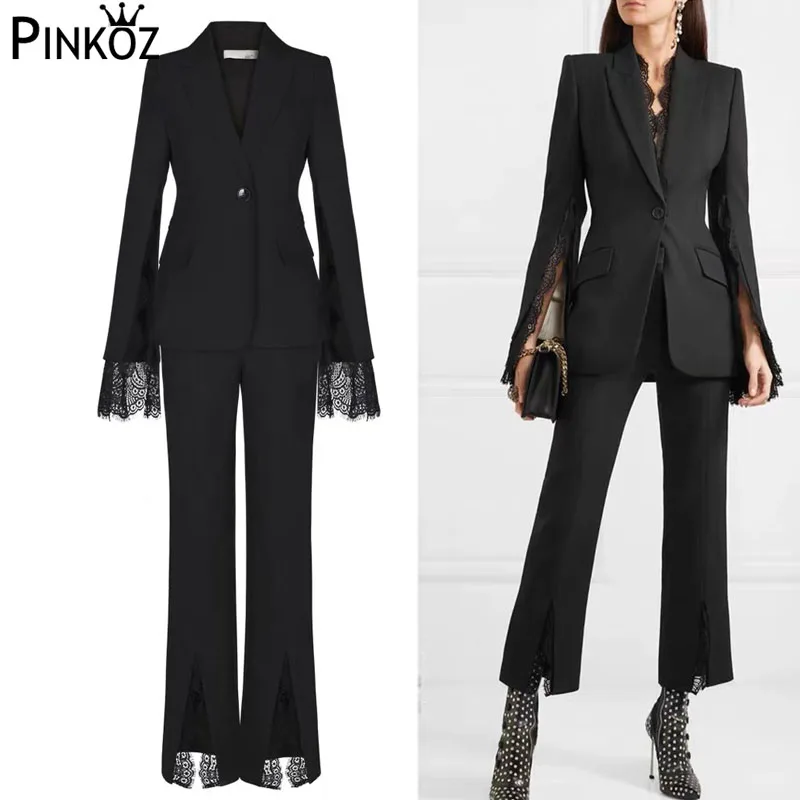 Pinkoz Black Lace Sexy Elegan Blazers Pants Bodycon Jumpsuits Party Women Simgle Button Evening 2 Pieces Outfits | Женская одежда
