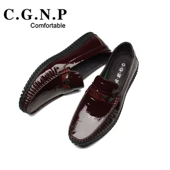 

Men Shoes Single Shoes Flat Round Toe Patent Cowhide Shoes Comfortable Breathable Men Work Wear