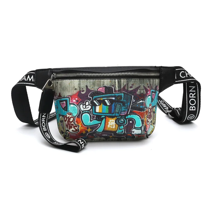 Fanny Pack Women Waist Bag Leather Crossbody Belt Shoulder Bags Waist Packs Girls Waterproof Street Sport Cartoon Chest Bag N88 - Цвет: black