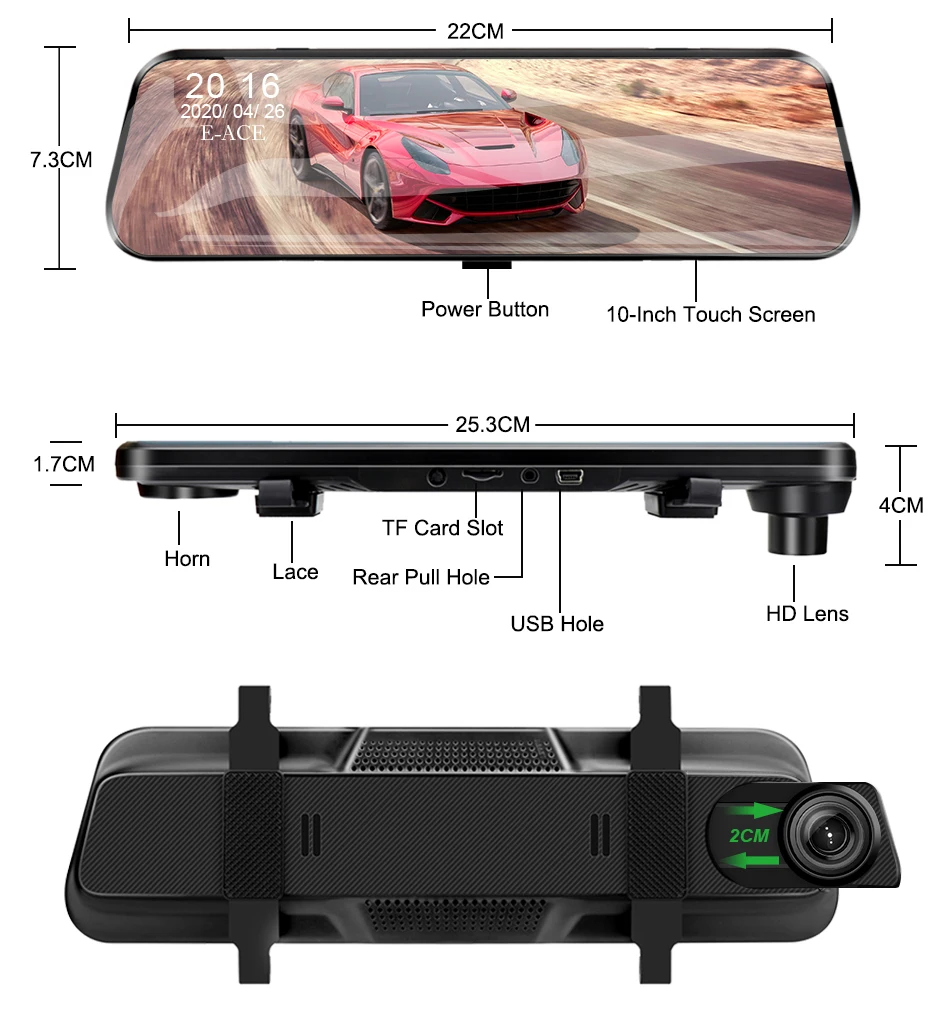 Acceo A20P 10 Inches Car Dvr Dash Cam HD 1080P Dual Lens Touch Screen Auto Rearview Mirror Dash Stream Media 170° Front And Rear vehicle blackbox dvr full hd 1080p