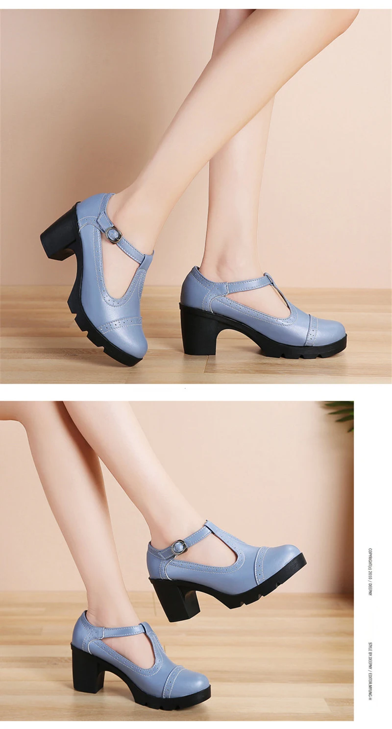 Size 34-43 Pumps Women's Shoes Buckle T-Strap Leather Oxfords Shoes Mary Jane Retro Mid-Heel Ladies Platform Single Pumps Shoes (14)
