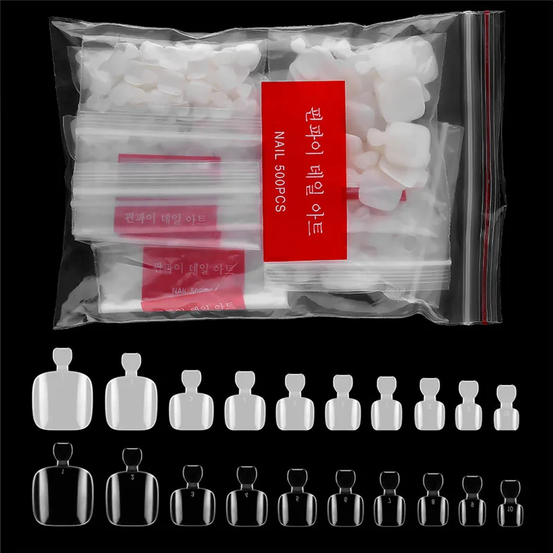 

500 Pcs/pack Fake Artificial Acrylic False Toe Nails Tips Natural White Transparent Toenails Foot Manicure Beauty Nail Tool