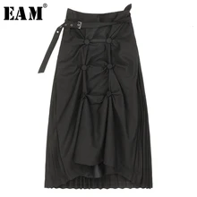 [EAM] черная Асимметричная плиссированная юбка средней длины с высокой талией и разрезом, женская модная одежда, Новинка весна-осень, 1H409