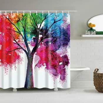 

Waterproof Thicken White Shower Curtain Watercolor Style Big Tree Mildew Proof Bath Tub Shower Curtain with 12 pcs Hooks
