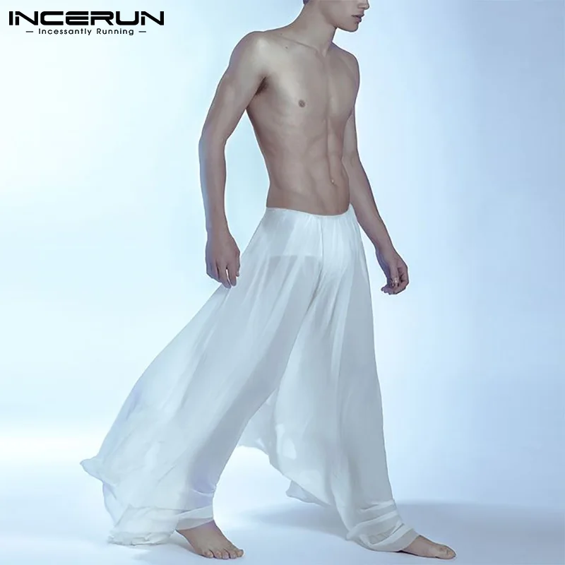 INCERUN American Style Men's Fashion Pantalons Loose Comeforable Long Pant Casual Streetwear Micro-transparent Long Skirts S-5XL
