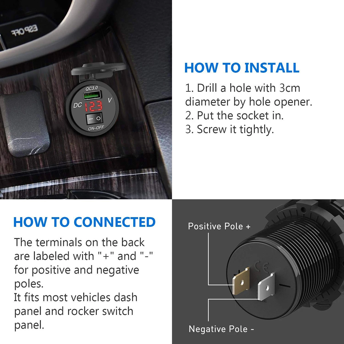 SOONHUA QC3.0 водонепроницаемый USB Автомобильное зарядное устройство цифровой вольтметр дисплей зарядная розетка с выключателем для мотоцикла автомобильное зарядное устройство