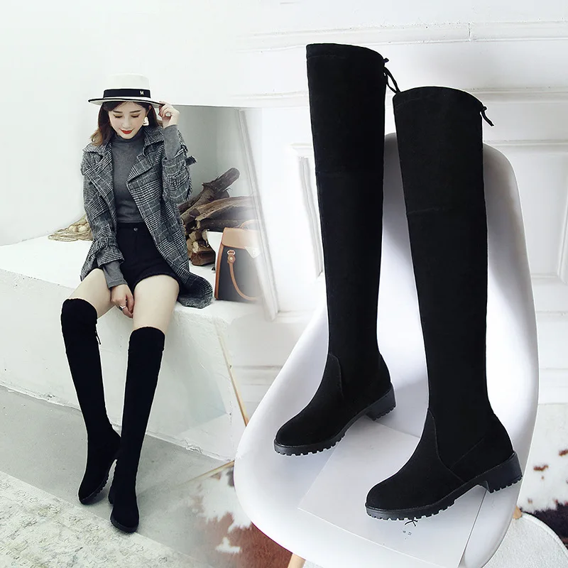 

Boots WOMEN'S Boots 2019 New Style Autumn & Winter over-the-Knee Boots Women's Slimming Chunky-Heel Boots round-Toe Stretch Bo