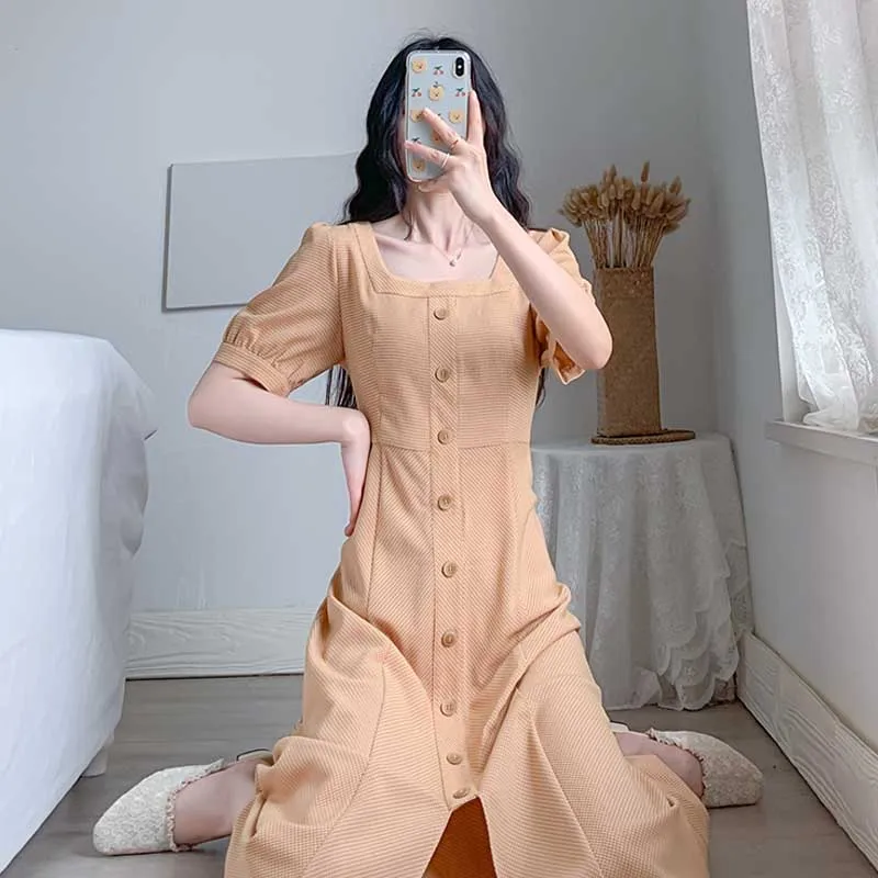 2020 Woman Dress Summer One-Piece Vintage Square Collar Puff Sleeve Plaid Dress Women Korean Elegant Party Holiday Dress Female