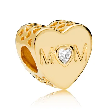 

New 925 Sterling Silver Bead Charm Gold Color Shine Openwork Mother Heart With Crystal Beads Fit Pandora Bracelet DIY Jewelry