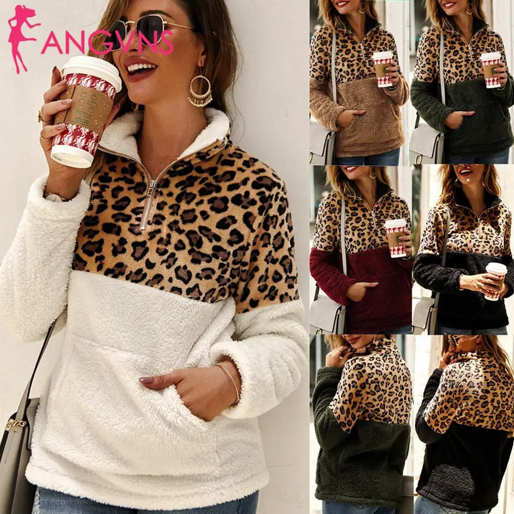 

ANGVNS Leopard Patchwork Faux Fur Sweatshirt Long Sleeve Pockets Warm Fleece Pullover Casual Plush Sweatshirt Hoodie Turtleneck
