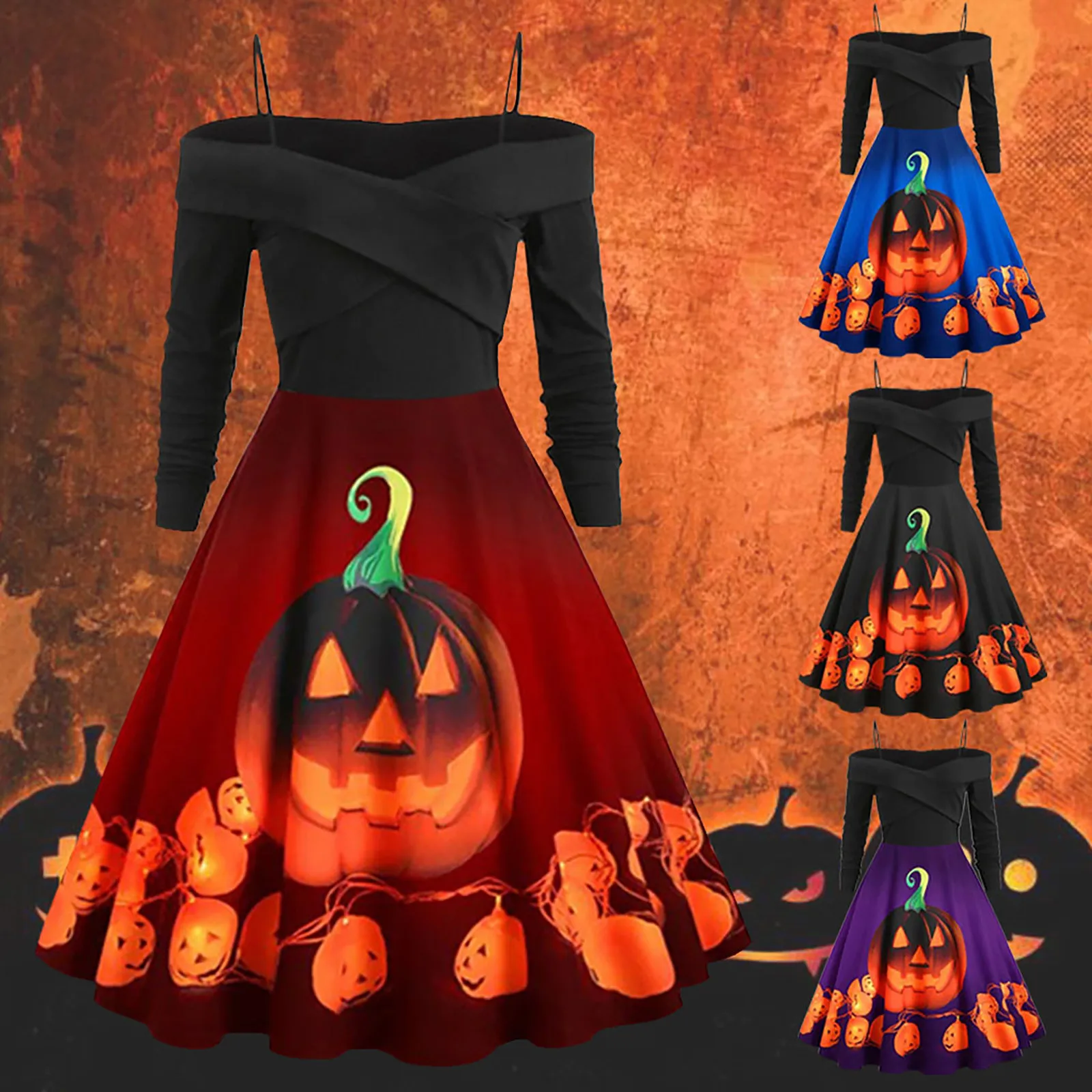 Dress Women Leisure Long Sleeves Midi Dresses Off Shoulder Sling Pumkin Printed Halloween Ladies Long Dress For Evening Party 1