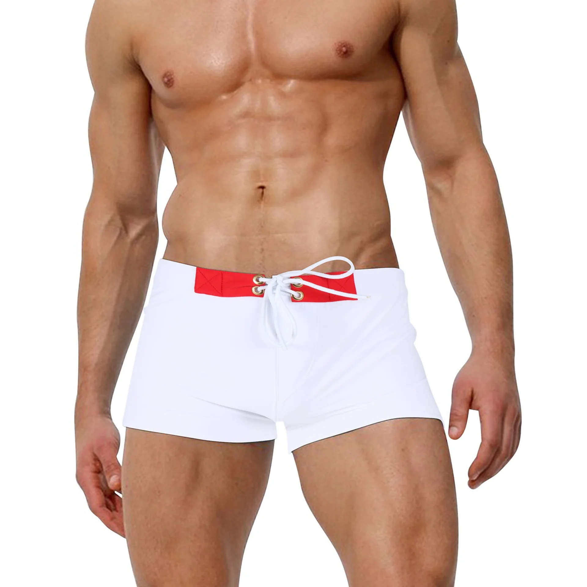 

New Style Europe And America Lace-up Solid Color Swimming Trunks Men Quality Nylon Boxer Shorts Swimming Trunks