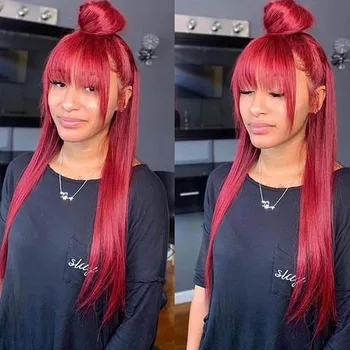 

Red Hair Indian 360 Frontal with Bangs Glueless 13x6 Lace Front Human Hair Wigs Pre Plucked Silk Base Full Lace Fringe Wig