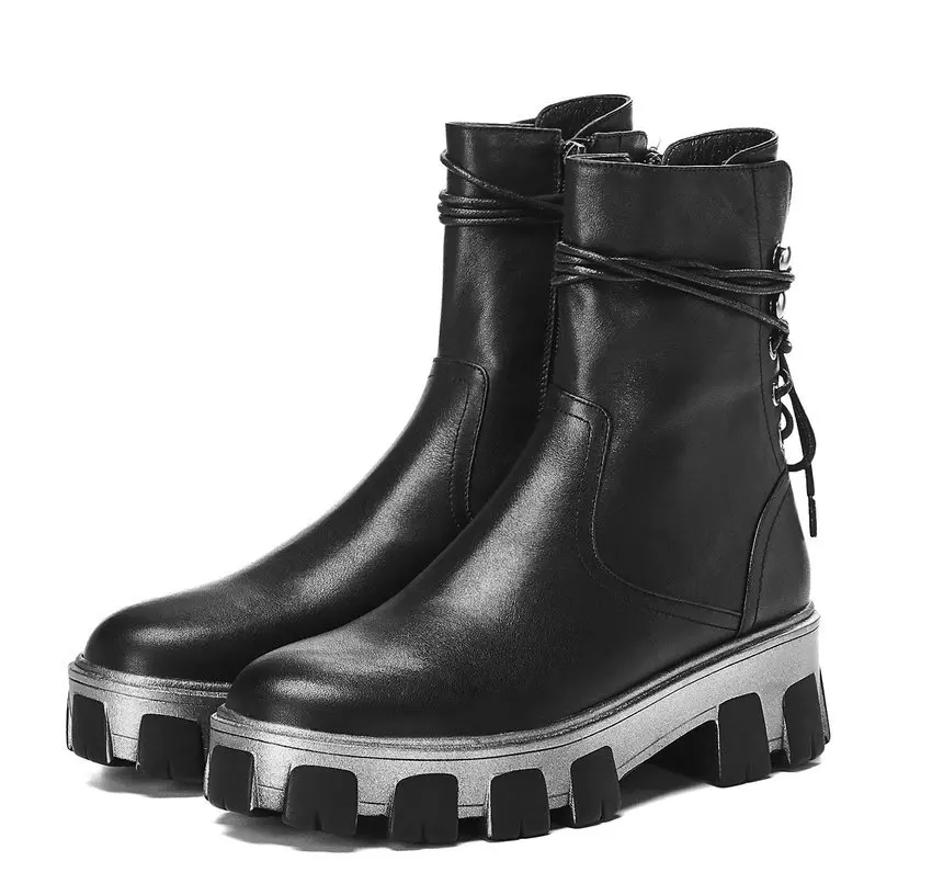 QUTAA/ г. Женская обувь из коровьей кожи на платформе со шнуровкой на молнии повседневные ботильоны с круглым носком на среднем квадратном каблуке осень-зима размер 34-39 - Цвет: Черный