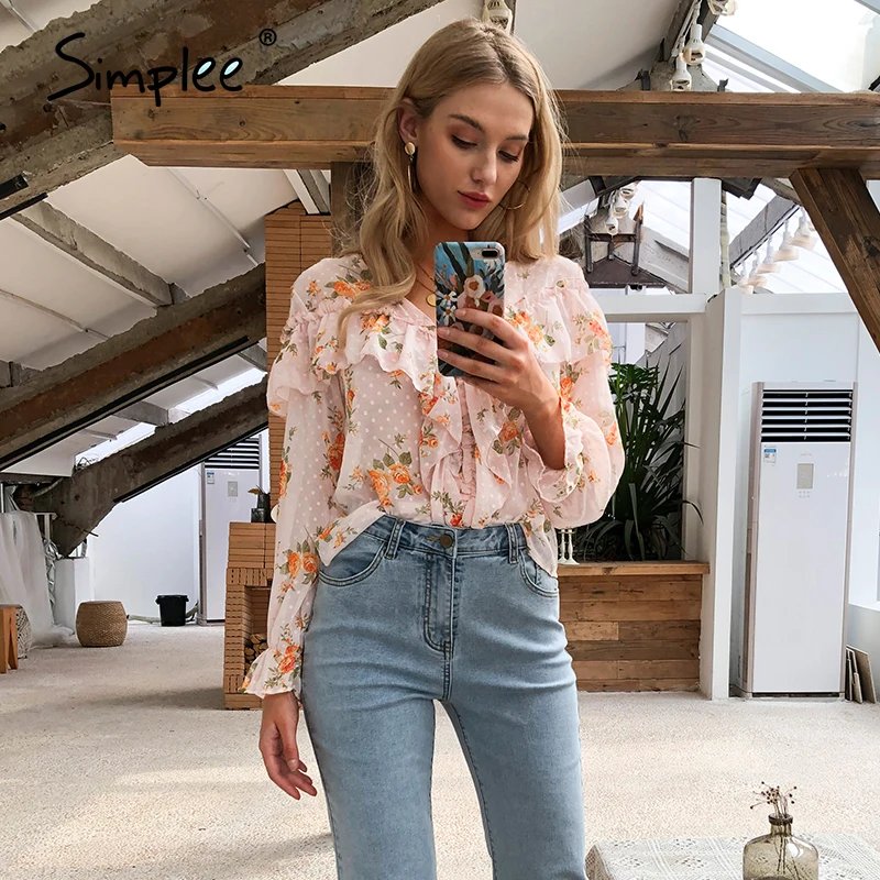 Женская винтажная блузка с цветочным принтом v образным вырезом и оборками