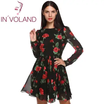 

Fashion Floral Printed Female Chiffon Dress Long Sleeve O Neck Autumn Spring Slim A Line BOHO Mini Dresses Feminino Vesidos