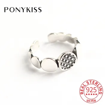 

PONYKISS 100% 925 Sterling Silver Circular stitching Resizable opening Ring Jewelry women Birthday Party Fine Gift Accessories