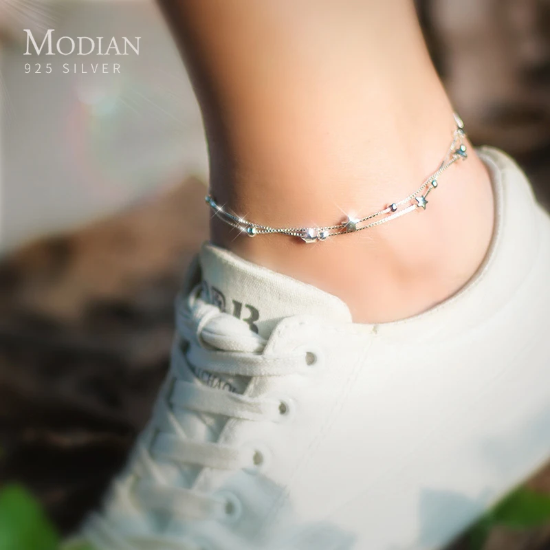 Modian New Double Layer Beads Stars Anklet For Women Genuine 925 Sterling Silver Fashion Foot Leg Chian Link Fine Jewelry Gifts Modian New Double Layer Beads Stars Anklet For Women Genuine 925 Sterling Silver Fashion Foot Leg Chian Link Fine Jewelry Gifts