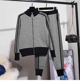 

Casual Runway Suit Women Loose Contrast color Patchwork Zip Sweatshirt Tops + Long Pencil Pants Knitted Tracksuit Set Female