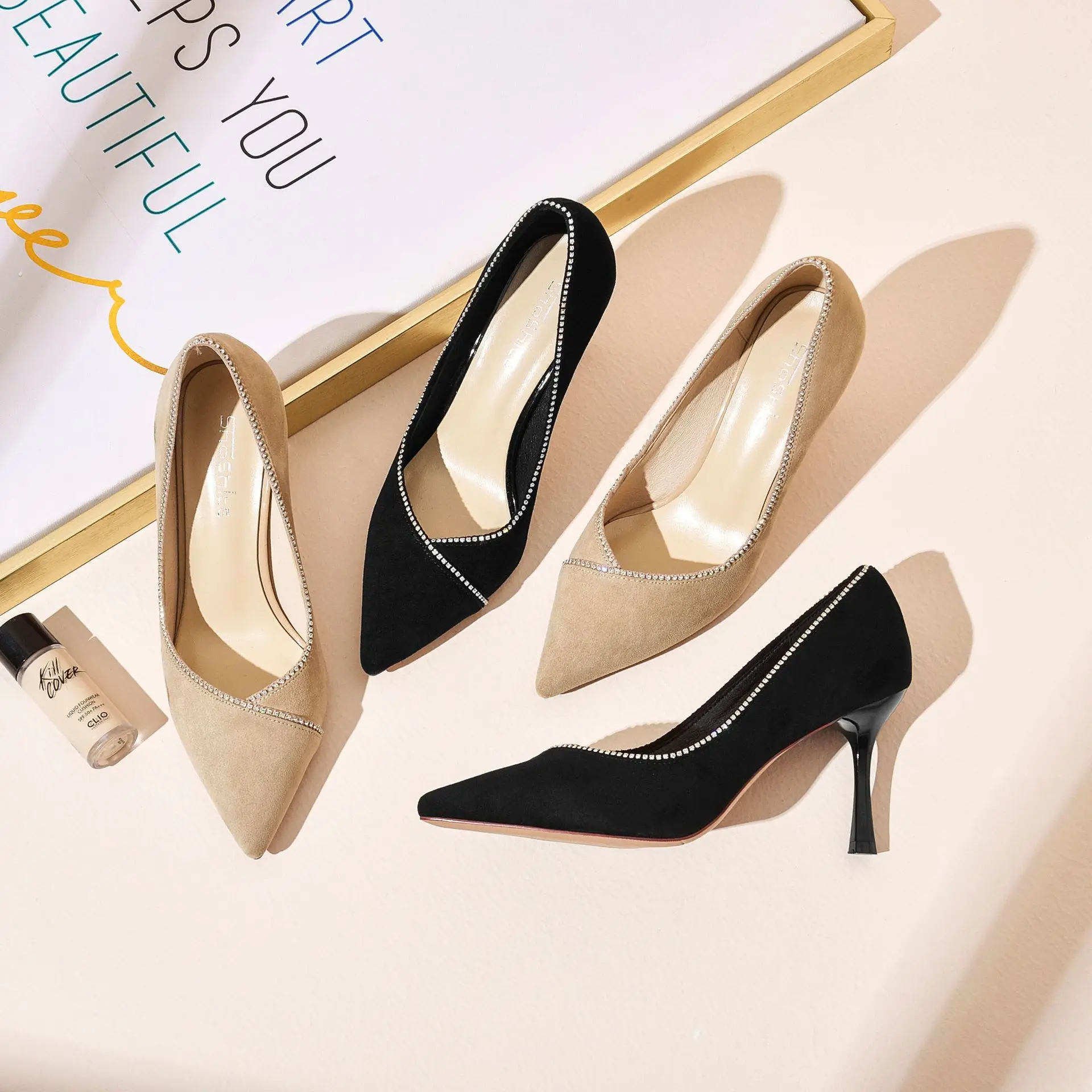 

Short in Size 2019 Spring Suede Stiletto Shallow Mouth Single Shoes Fashion Female Commuting High Heel Shoes Man-made Diamond WO