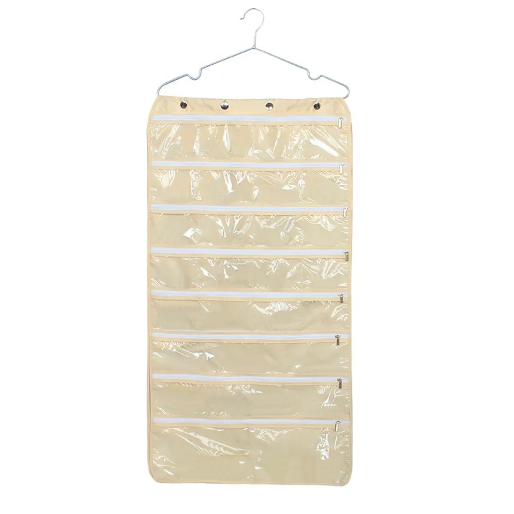 Beige Подвесной органайзер для ювелирных изделий сумка(56-Pockets) Двухсторонняя, плотная ткань Оксфорд, хранение на молнии, прозрачный пластиковый из пвх шкаф для ювелирных изделий - Цвет: Beige