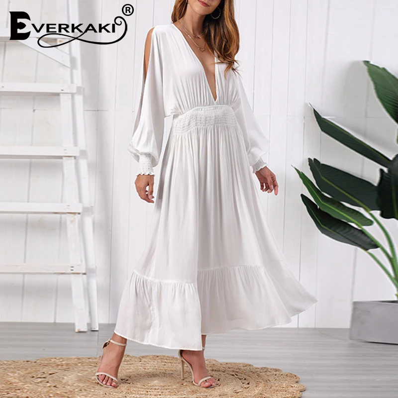 

Everkaki Boho Solid Maxi Dress Women Autumn Cotton White Deep V Neck Loose Elegant Ladies Long Dresses Female 2019 Autumn Winter