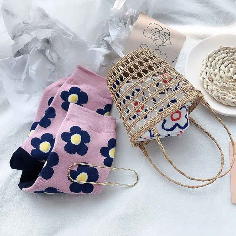 3 пары корейских милых носков для женщин и девочек, винтажные носки с цветочным принтом, B0KD