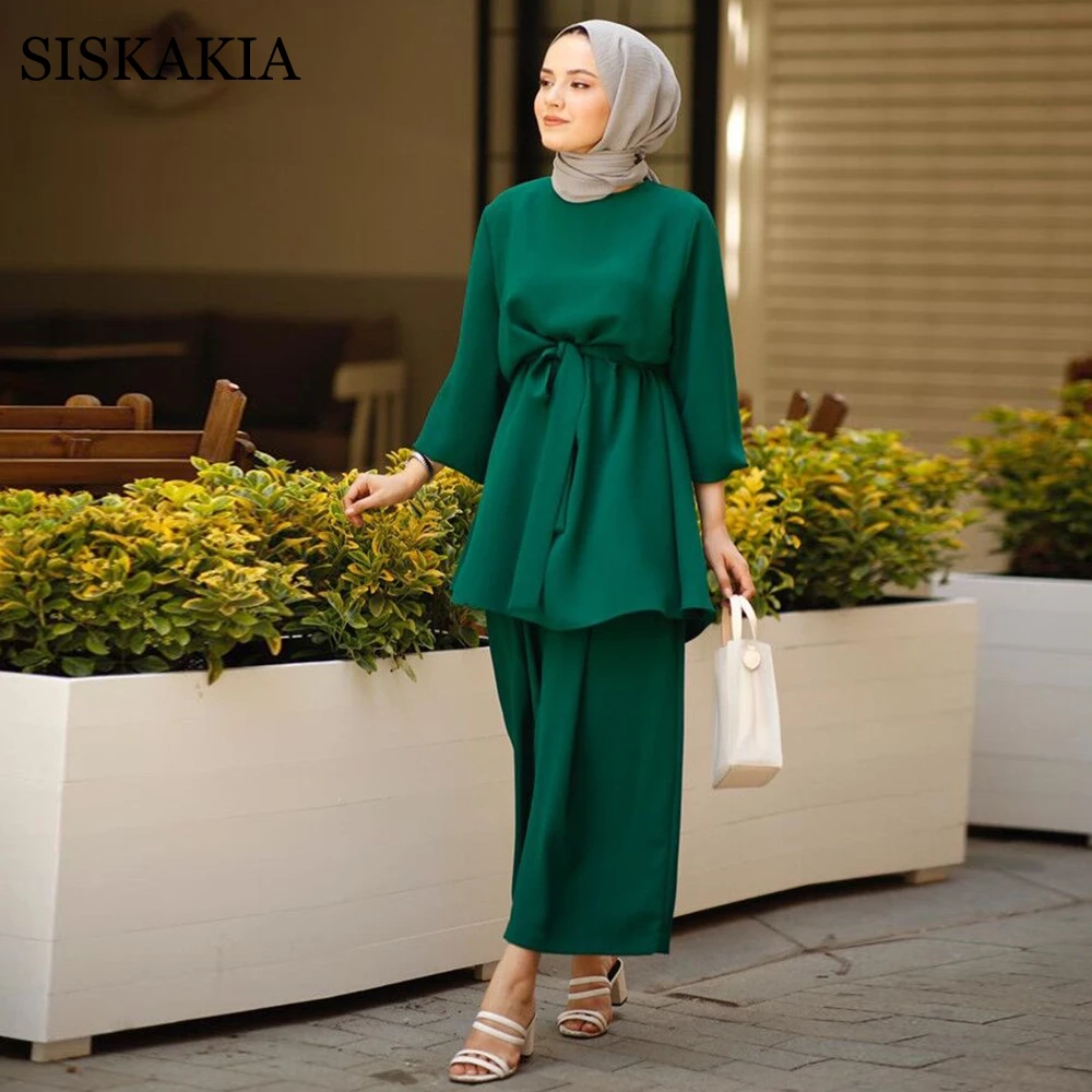 

Siskakia Mulsim Women Two Pieces Set Plain Solid Fresh Outfit Arab Oman Dubai Middle East Morocco Turkey 2pcs Suit Set Clothes