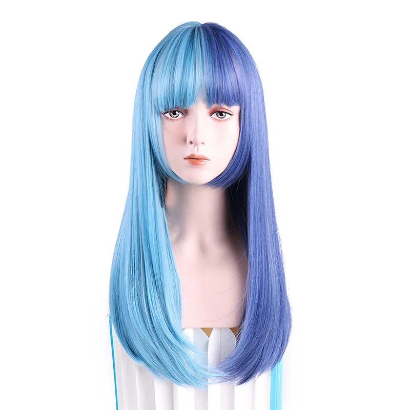 

Long Straight Ombre Blue Wig WIth Bangs Synthetic Hair Wig for White Women Middle Part Natural Hair Party Cosplay Wig BY079