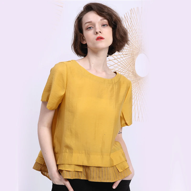 yellow TVVOVVIN, новинка, весна-лето, круглый вырез, короткий рукав, в полоску, черный подол, сетка, Раздельный шов, свободная футболка, женская мода, волна V668 - Цвет: yellow