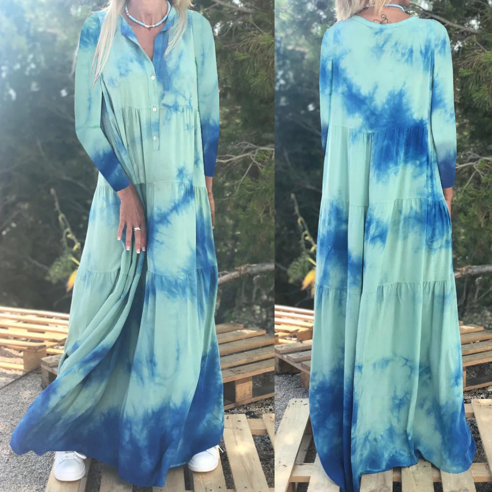 

2019 Autumn New Style Europe And America WOMEN'S Dress Tie-dye Bohemian Large Size Long-sleeved Dress Fc628