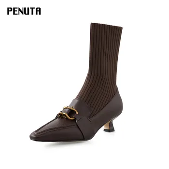 

2020 PENUTA Sock Boots Black Brown Retro Vintage Shoes Woman Metal Decoration Ladies Runway Knitting Shoes Med Heel Botas D0051