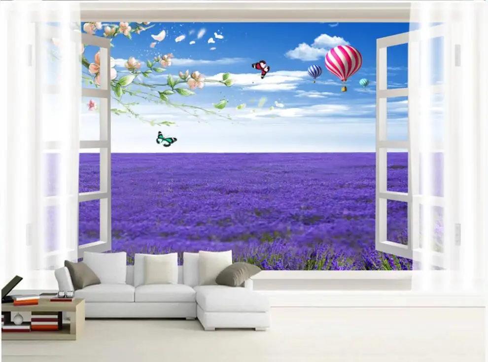 

3d photo wallpaper custom mural Lavender landscape with blue sky and white clouds outside the window wallpaper for walls 3 d