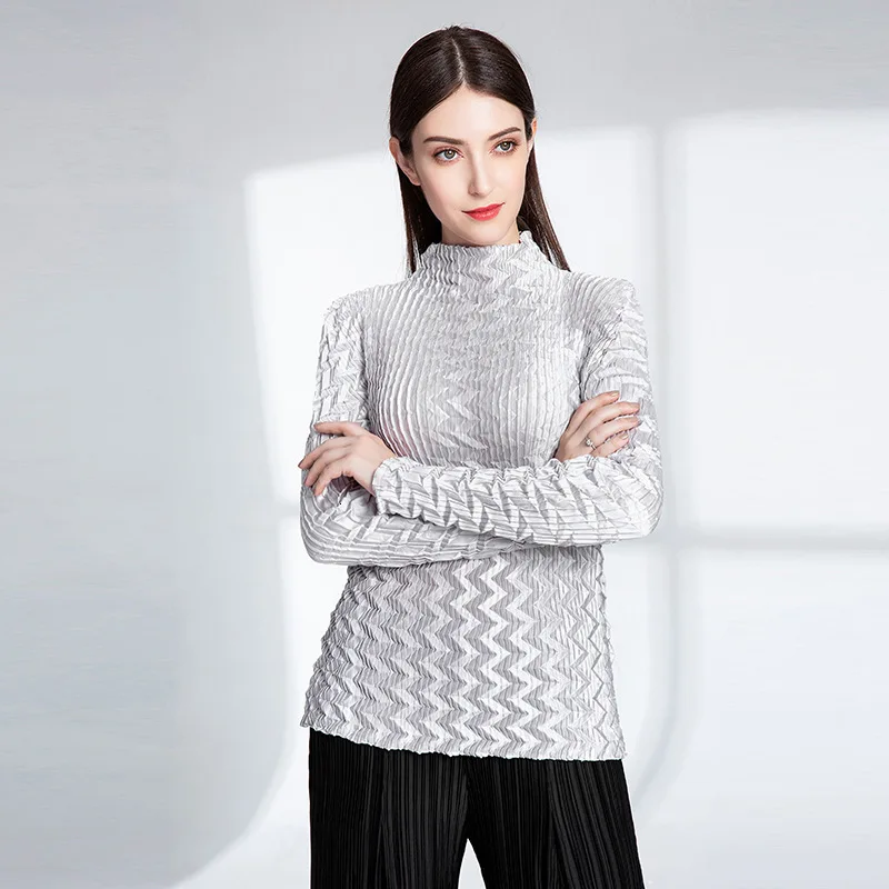 Silvery white LANMREM, одноцветная плиссированная женская футболка, весна, новинка, длинный рукав, высокая горловина, свободная футболка, повседневный Топ PC350 - Цвет: Silvery white