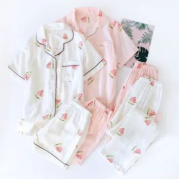 

3 Pcs Sets Women Short Sleeve Pants Nightwear Summer Autumn 100% Cotton Pajama Set Turn-down Collar Printing Pyjamas Loungewear