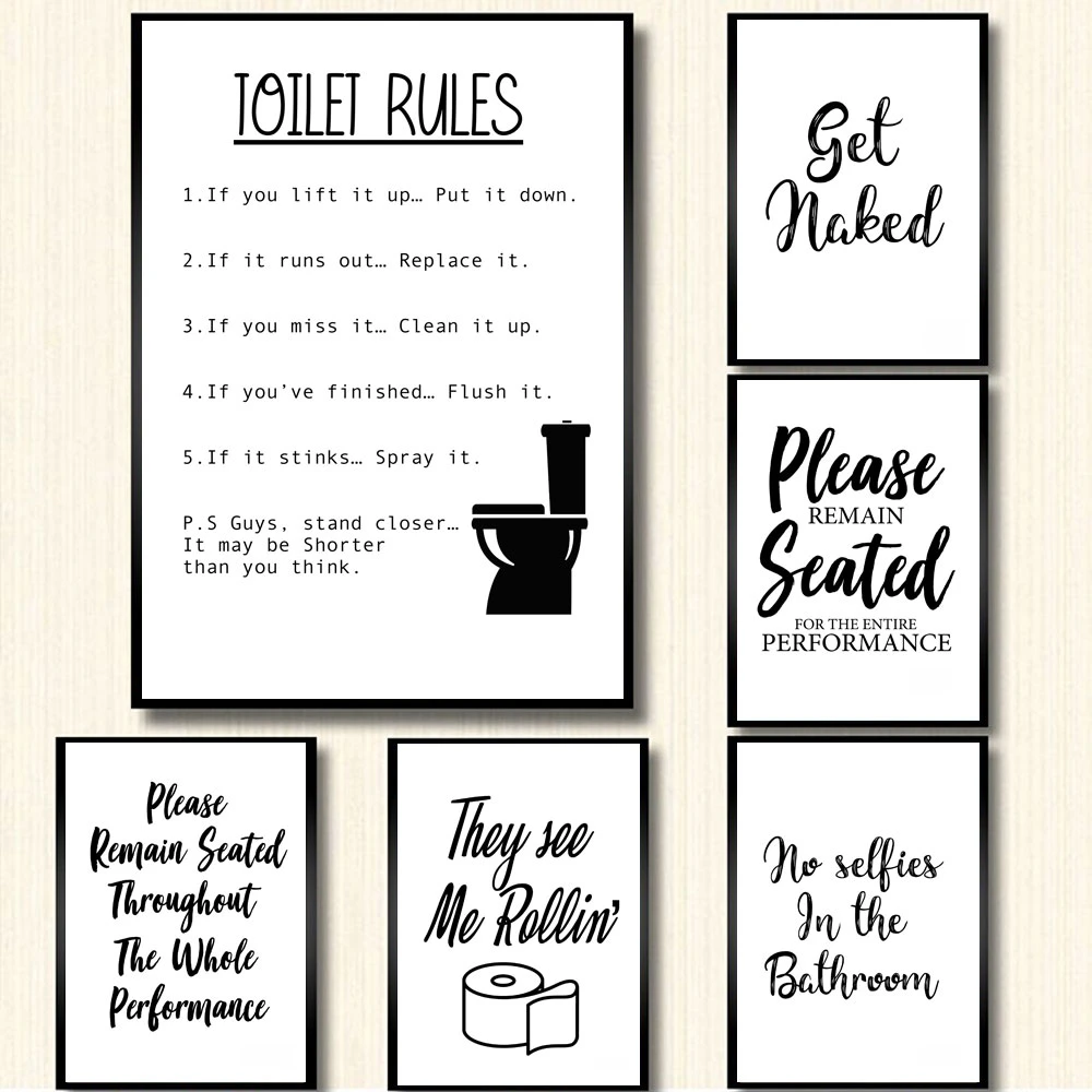 Wc Poster Toilet Rules Canvas Painting Letter Black And White Pictures For Restroom Frameless Mural - Painting & - AliExpress