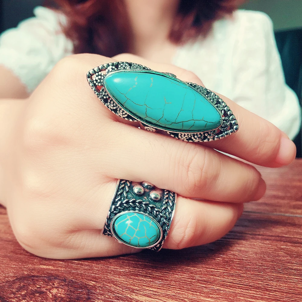 女性のためのヴィンテージターコイズリング,トレンディな,シルバー