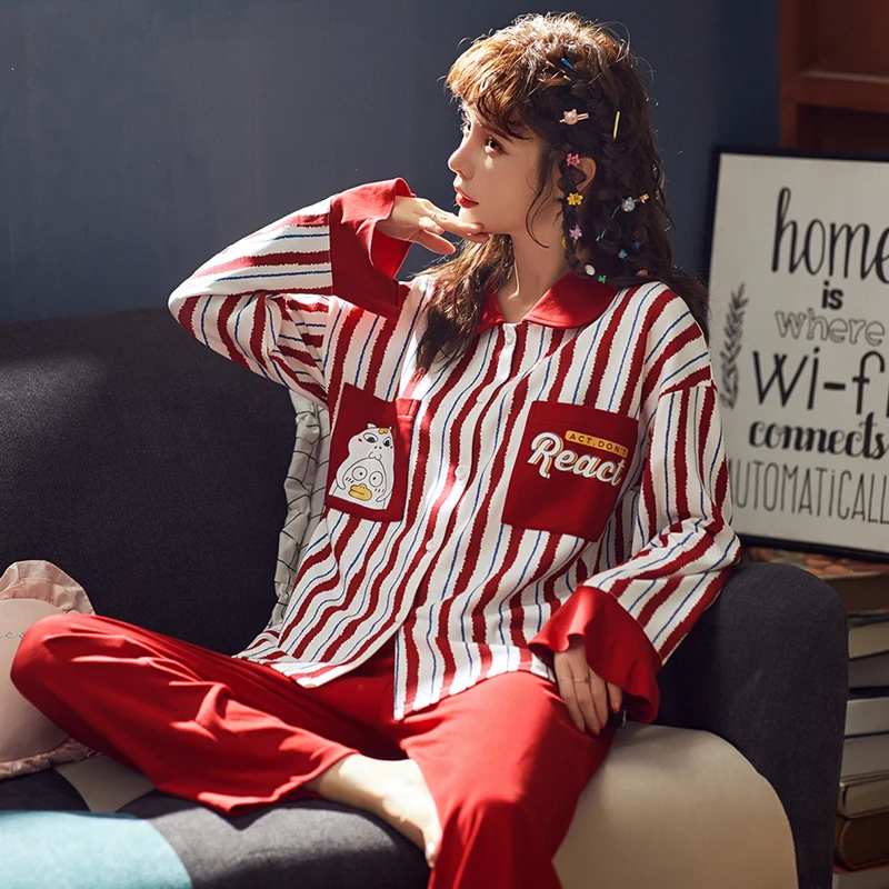 

Pajamas Set Turn-down Collar Women Sexy Cotton Pyjama Long Sleeve Shirt Pants 2Piece/Set 2019 Fashion Casual Homewear Pyjamas